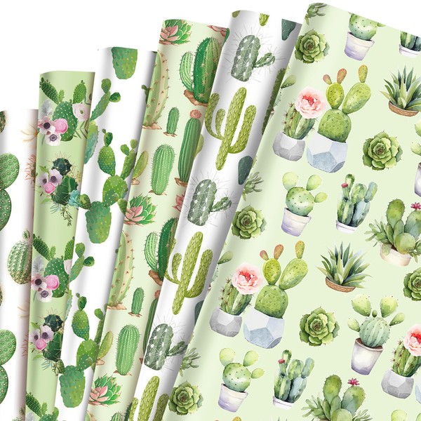 Cactus Wrapping Paper Set - 12 Sheets Watercolor Cactus Gift