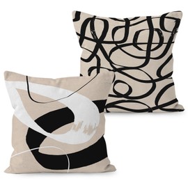 Abstract Boho Beige and Black Pillow Covers 18x18 Double-Sided, Mid Century Modern Boho Pillow Covers for Couch Sofa Bed Living Room Bedroom, Modern Home Decor, Bohemian Home Decor, Set of 2