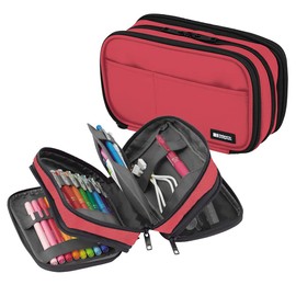 LIHIT LAB Triple Zipper Pen Case, 7.9 × 3.5 × 4.7 Inches, Coral (A7556-103)