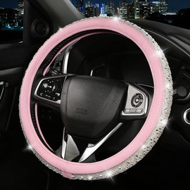 Generic Funda de Volante de Cuero Rosa con Diamantes de imitación para Mujeres y niñas, Funda de Volante Universal de 15 Pulgadas (Rosa)