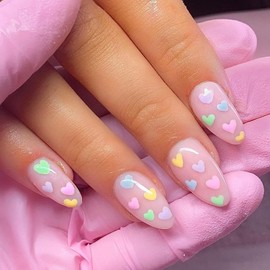 Press on Nails Almond Medium Length-Glossy Full Cover Acrylic Pink False Nails with Colorful Heart Designs Artificial Pointed Almond Fake Nails with Charms Glue on Fingernails for Women Girls