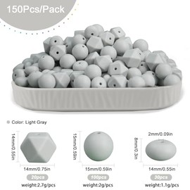 150Pcs Silicone Beads for Keychain Making, Three Shapes Silicone Focal Beads for Pen, Round Beads Bulk for Bracelet DIY Crafts Making (Light Gray)