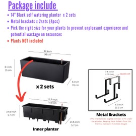 LaLaGreen Deck Railing Planters (2 Pack, 14 Inch) Black Rectangular Window Flower Box with Bracket, Self Watering System Hanging Planter Boxes for Outdoor Plant Pots Container Rail Fence Balcony Herb