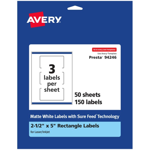 Avery Matte White Rectangle Labels with Sure Feed, 2.5" x 5", 150 Matte White Printable Labels