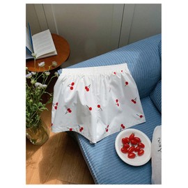 GORGLITTER Women's Cherry Shorts Elastic Waist Straight Leg Shorts with Pockets Cute Bottoms White X-Small