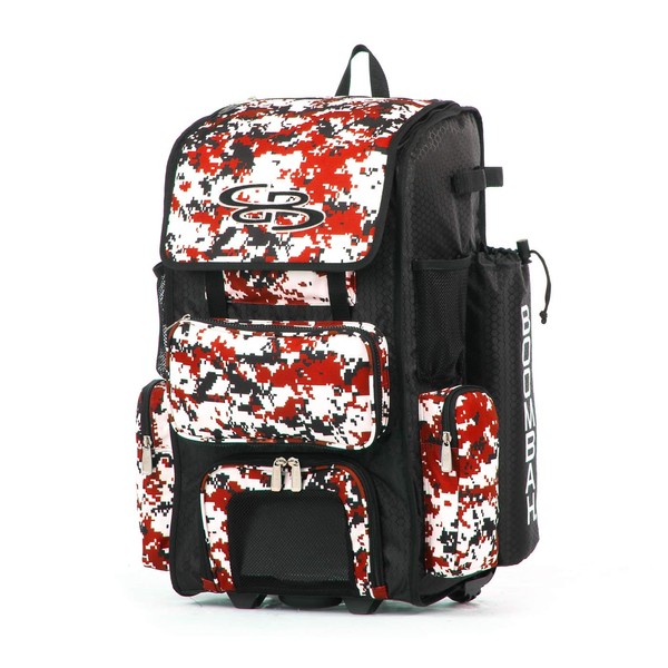 Boombah Rolling Superpack 2.0 Camo Baseball / Softball Gear Bag - 23-1/2" x 13-1/2" x 9-1/2" - Black/Red - Telescopic Handle - Holds 4 Bats - Wheeled Version