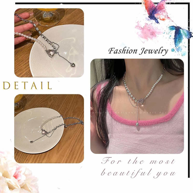 Heart Pendant Y Necklace Faux Pearl Chain Tennis Necklace Choker