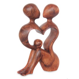 NOVICA Natural Brown Romantic Love Suar Wood Heart Shaped Abstract Human Figure Sculpture, 7.5" Tall 'A Heart Shared by Two'
