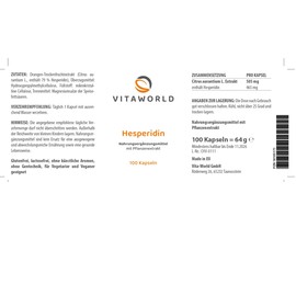 Vita World Hesperidin 100 Capsules Vegan 100% Natural Hesperidin Made in Germany with Analysis Certificate