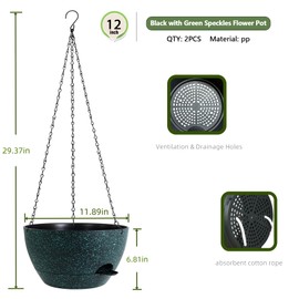 SQKH 12 Inch Hanging Baskets 2 PC with Chains, Self-Watering Hanging Planters for Indoor Outdoor Plants, Plastic Hanging Flower Pots, Black with Green Speckles