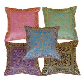 Indian Set of 05 16x16 inch (41x41 cm) Elephant Banarsi Silk Indian Ethnic Bohemian Decorative Cushion Cover Handcrafted Patchwork Sari Throw Pillow Boho Decor Cushion Covers for Gift (Silk Elephant)