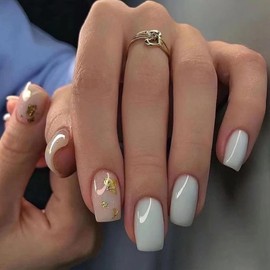 Ceboic 24Pcs Square False Nails Short, French Press on Nails with Glue Stickers, Gold Glitter Removable Glue on Nails Nude Acrylic Full Cover Stick on Nails for Women and Girls Nails Art