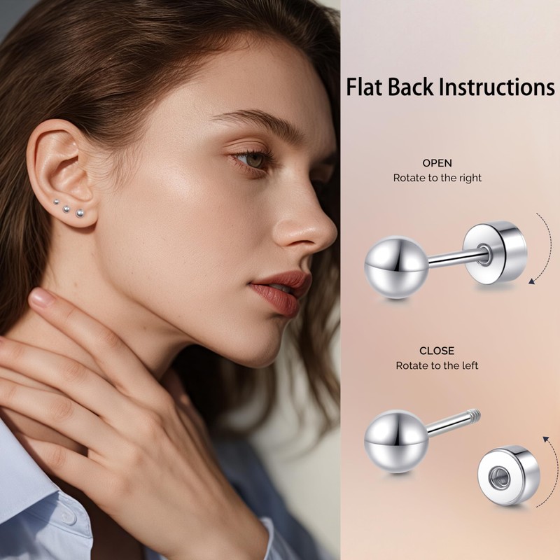 TitanHeart Hypoallergenic Titanium Screw Back Flat Back Ball Stud Earrings