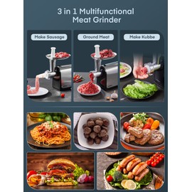 Electric Meat Grinder, Sausage Stuffer with 3 Sausage Tubes, 2 Blades, 3 Plates, 3200W Max, Meat Grinder Heavy Duty for Home Kitchen Use, Stainless Steel (Black)