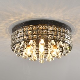 Asmymhd Ceiling Light Fixture 4 Lights Bronze Crystal Chandelier with Round Metal Shade and Diamond Crystal Pendant for Dining Room Living Room Bathroom Bedroom Aisle Restaurants