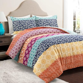 Lush Decor Bohemian Stripe Reversible Cotton Duvet Cover Set, 3 Piece Set, Full/ Queen, Fuchsia & Orange - Boho Bedding Set - Bold & Colorful - Striped Duvet Cover - Maximalist & Boho Bedroom Decor