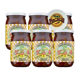 Tony Packo’s Pickles & Peppers Relish, 6 Jars (16 oz each) with Jar Opener, USA-Made Relish, Hot Dog Topping, Sandwich Spread, Toledo Ohio, With Pulp Jar Separators