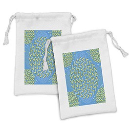 Ambesonne Illusion Fabric Pouch Set of 2, Optical Moving Spinning Rotating Illusionary Lines in Circular Forms, Small Drawstring Bag for Toiletries Masks and Favors, 9" x 6", Yellow Green Sky Blue