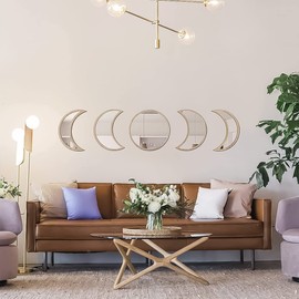Slthe 5 Piece Moon Phase Mirror Set, Scandinavian Natural Decor Wall Decorative Mirror Home Decor Bohemian Moon Mirror for Living Room Bedroom, Acrylic Mirror, Not Real Mirror(Beige)