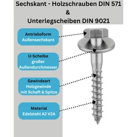 meinschraubenversand.de - Hexagon Wood Screws with Washers - DIN 571 + DIN 9021 - Stainless Steel A2 V2A - 6 x 65 mm - Pack of 50