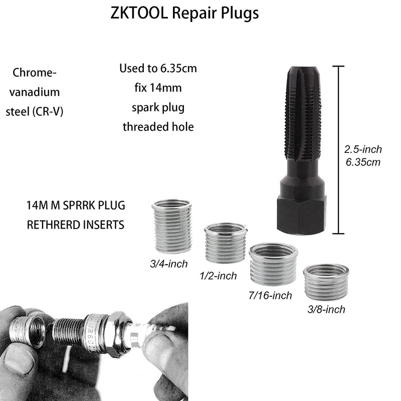 ZKTOOL 5pcs M14 x 1.25 Spark Plug Thread Repair Kit,