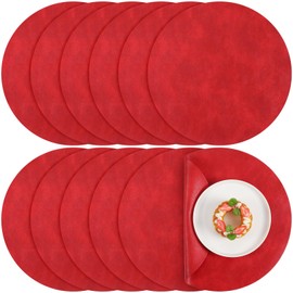 Gandeer 12 Pcs 15 PU Leather Placemats, Christmas Red Placemats Round Wipeable Dinning Table Mats Cowhide Pattern Waterproof Double-sided Mats for Dining Table, Kitchen, Party Decoration