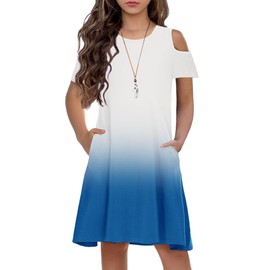 Arshiner Girls Summer Dress Short Sleeve Cold Shoulder Swing Casual Dresses with Pockets Blue Gradient for 11-12 Years