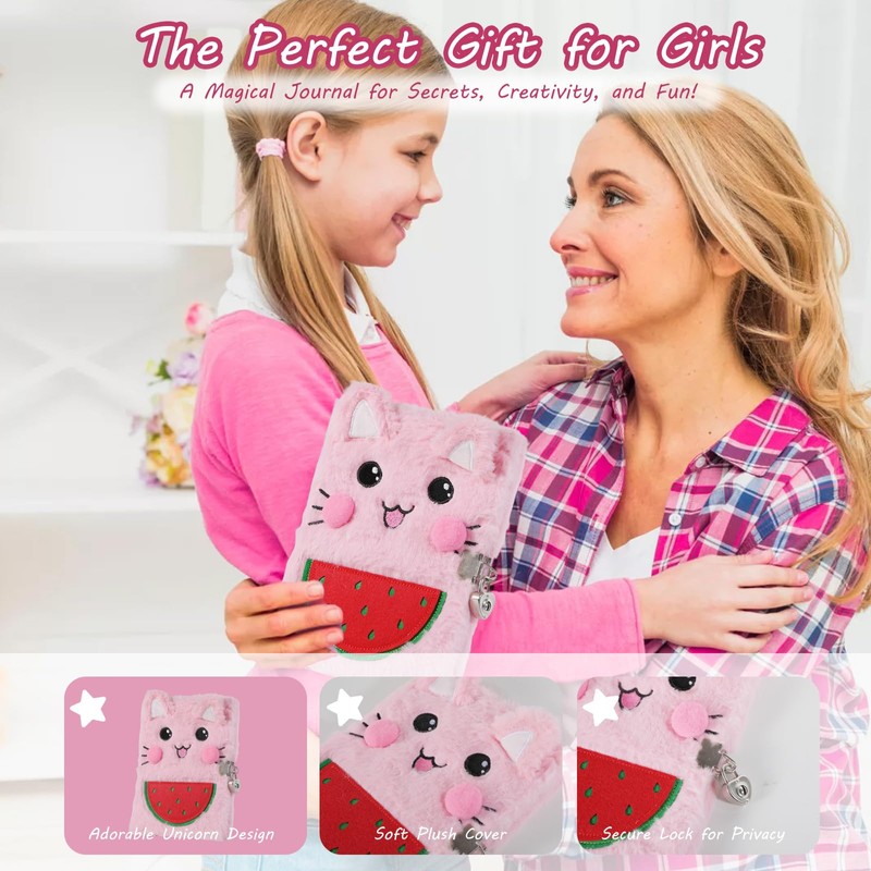 PESLNG Secret Diary Girl with Lock, Plush Notebook with Padlock,