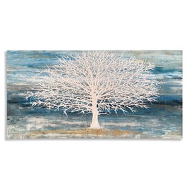 RICHSPACE ARTS Modern Tree Canvas Wall Art Teal Blue and White Pictures Large Abstract Decor Framed Landscape Oil Painting Artwork with 3d Texture and Gold Foil for Living Room Bedroom(20W*40L