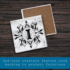 SJT ENTERPRISES, INC. Marble Texture Letter (i) Monogram Coasters - I Design Absorbent Stone Cork-Backed for Drinks - 4 x 4 inches Set of 4 (SJT96814)