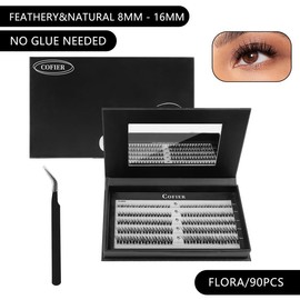 【Super Natural】Cofier DIY Lash Kit 8-14 mm Press on Lash No Glue Lash Self-Adhesive No Glue Needed - Friendly Eyelashes Set with Tweezers (80/100 Pcs):_Flora(8-16mm/90PCS)