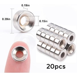 MIN CI 10 x 5 mm Magnets Strong, Pack of 20 Neodymium Magnets with Hole and Countersunk Screw M4 Countersunk Hole Round Magnets for Screwing Magnets for Magnetic Board Kitchen Cabinet Countersunk