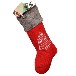 Dibor Red Knitted Christmas Stocking with Faux Fur Cuff Traditional Cable Knit Stocking with Embroidered Tree Decoration