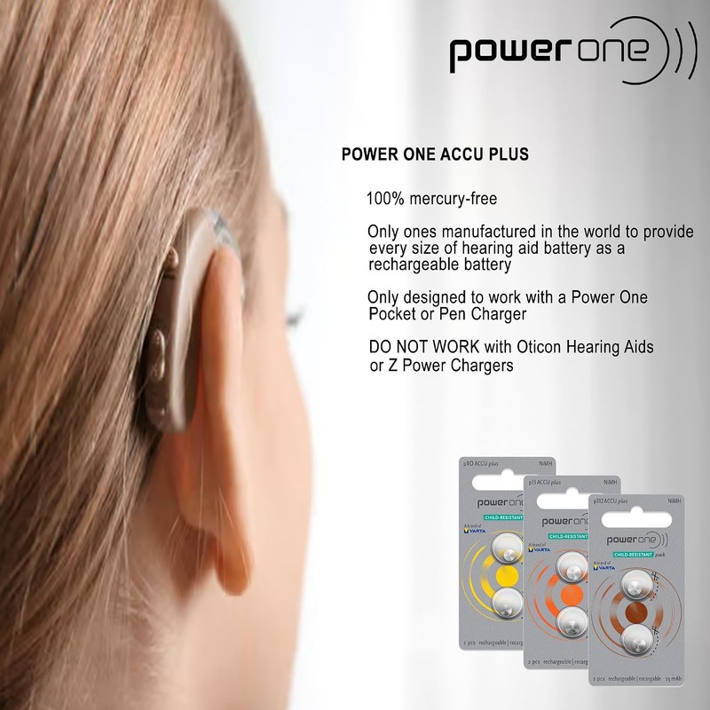Power One ACCU Plus Size 312 Rechargeable Hearing Aid Batteries