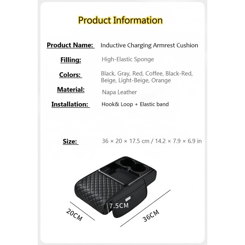TNDCKP Induction Charging Car Armrest Pad, Leather Center Console Cushion,