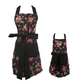 Surblue Kitchen Aprons with Pockets for 2 Pockets for Mama and Me, Cute Mother and Daughter Apron Set for Cooking,Baking,BBQ,Painting and Gardening, Style Diana, Cotton,Extra-Long Tie,Black,2 PCS