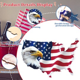 Jetec Patriotic Wall Hanging Sign American Flag Eagle Decor Map USA Wooden Wall Plaque Farmhouse Indoor Outdoor Garden Door Sign with Rope, 12.2 x 7.9 Inch
