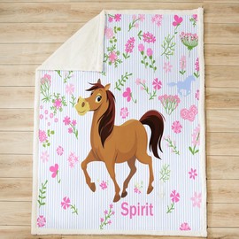 Girls Horse Throw Blanket Kids Cartoon Farmhorse Floral Fleece Blanket for Bed Sofa Couch Toddler Baby Girl Pink Blue Stripe Sherpa Blanket Spirit Horse Animal Fuzzy Blanket Room Decor 40"x50"