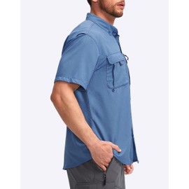 Pudolla Men's Fishing Shirts Short Sleeve Travel Work Shirts Summer Button Down Shirts for Men UPF50+ with Zipper Pockets(Mallard Blue, X-Large)