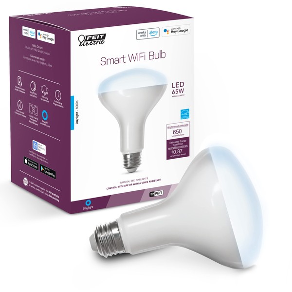 Feit Electric Smart BR30 Wifi Bulb, 5000K Daylight, 2.4GHz WIFI, No Hub Needed, Works with Alexa and Google Home Assistant, App Control, Dimmable, 65W Equivalent, Flood Light Smart Bulb, BR30/950CA/AG