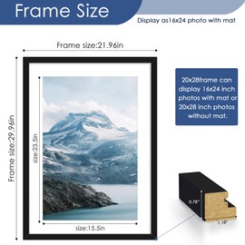 PEALSN 20x28 Picture Frame Set of 6, Display Pictures 16 x 24 with Mat or 20 x 28 Without Mat for Wall Mounting or Table Top Display, Poster Frames Collage for Wall Decor, Black.