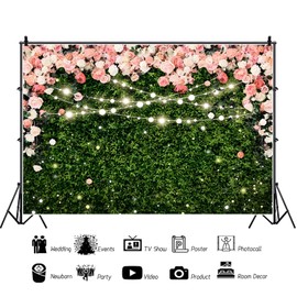 7x5ft Flower Wall Backdrop Pink Rose Floral Blossom Green Leaves Photography Background Women Girls Birthday Party Wedding Banner Decorations Portraits Supplies Photo Booth Props