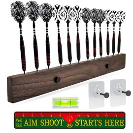 DIMBOI Walnut Wood Dart Holder Wall Mount Displays 4 Sets For A Total Of 12 Steel/Soft Tip Darts,With Darts Throw Line Marker