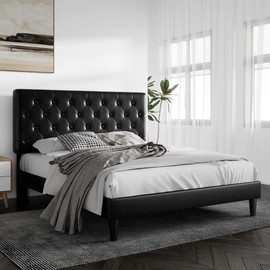 SHA CERLIN Queen Size Platform Bed Frame with Button Tufted Headboard, Faux Leather Upholstered Mattress Foundation, Wooden Slat Support, No Box Spring Needed, Black