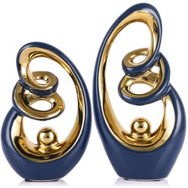 GAOSHENG Blue Gold Ceramic Abstract Sculpture, Modern Art Deco Statues With Gold Accents For Home, Tv Stand Decor Centerpieces