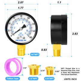 MEANLIN MEASURE 1/4" NPT 2" Dial Face Well Pump Pressure Gauge, 0-160Psi, Lower Mount