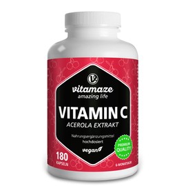 Vitamin C Acerola, 160 mg Natural Vitamin C from 660 mg of Acerola Extract, Vegan & Optimally Bioavailable, 180 Capsules for 6 Months, Food Supplement without Useless Additives