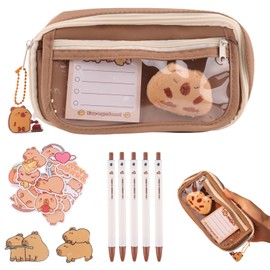 Xvbhaq Large Capacity Capybara Pencil Case Cute Transparent Multi-Layer Plush Capybara Pencil Pouch with Compartments, Soft Furry Design, Zippered Organizer, Stationery Storage (Coffee)