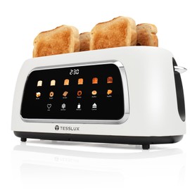 Tesslux 4 Slice Toaster with Touch Screen Control, 1.5" Wide Long Slots, 6 Browning Levels & 6 Bread Types, Digital Timer, Memory, Defrost, Reheat (WHITE)
