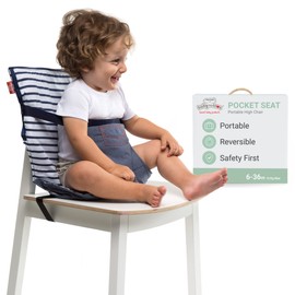 BabyToLove Pocket Seat | Compact Portable High Chair for Travel, Dining & More | Secure & Washable Toddler Seat with Harness | Fits Most Chairs | Lightweight Foldable | Denim